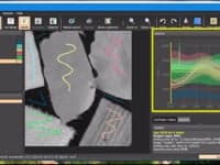 Example of imec's hyperspectral software. A picture with drawings informational drawings on it and statistics next to it.