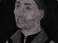 Old black and white painting of a man looking up.