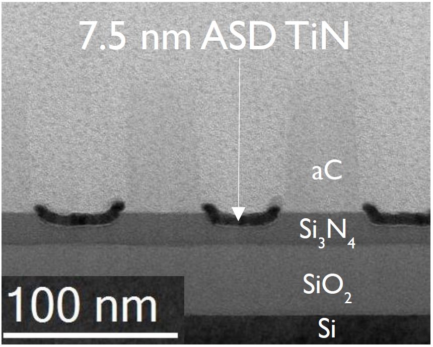 7.5nm thick TiN, selectively deposited on Si3N4 (spaces) with ALD. aC (lines) act as the non-growth area. 