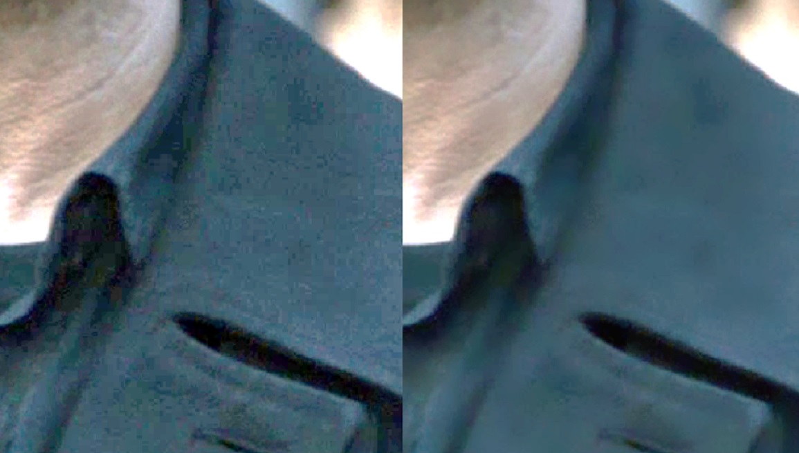 How visual artifacts occur during traditional conversion to HDR (left – what should be a smooth color gradient becomes ‘pixelated’) and how the imec software stops it from happening (right).