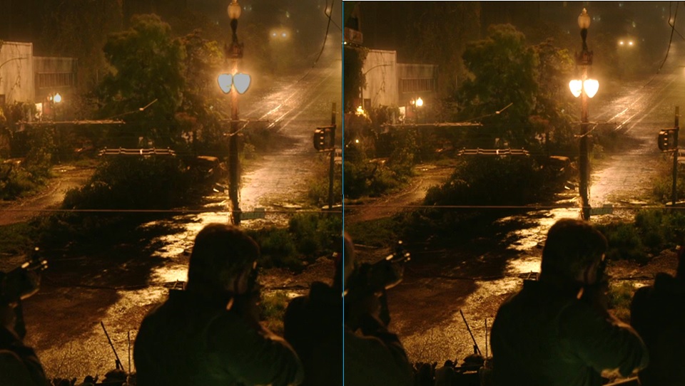 Example of light saturation with standard conversion (left), in which the streetlamp peaks at a lower brightness. On the right the conversion by imec software: thanks to image recognition, the streetlamp is given a more pronounced contour and brightness.