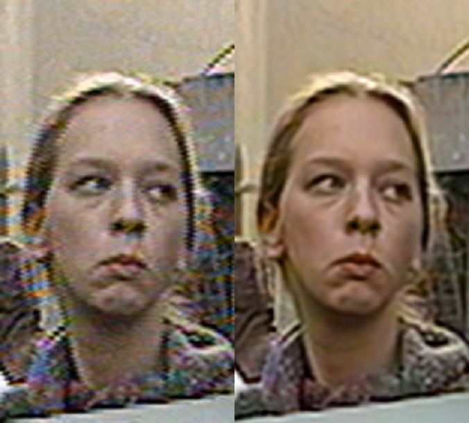Left: detail of a digitalized Betacam archive image. Right: result using imec (super-resolution) software.