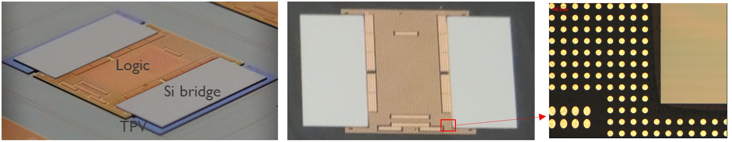 Pictures illustrating steps 5 to 8. (Left) after die placement and bridge bonding; (middle) after molding and back-grinding and (right) exposed Cu pillars on package surface.