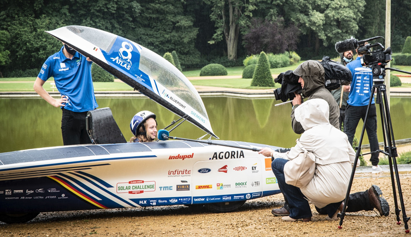 Press announcement of the BluePoint Atlas, the KU Leuven Agoria PV-powered car that competes in the 2021 Solar Challenge Morocco. (image ©KU Leuven)