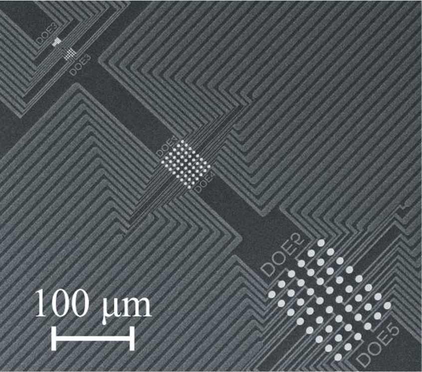 Figure 6 – Top view SEM showing microelectrode arrays with electrodes of different sizes in the mm- to µm-range: the first proof of concept (also presented at IMW 2022).