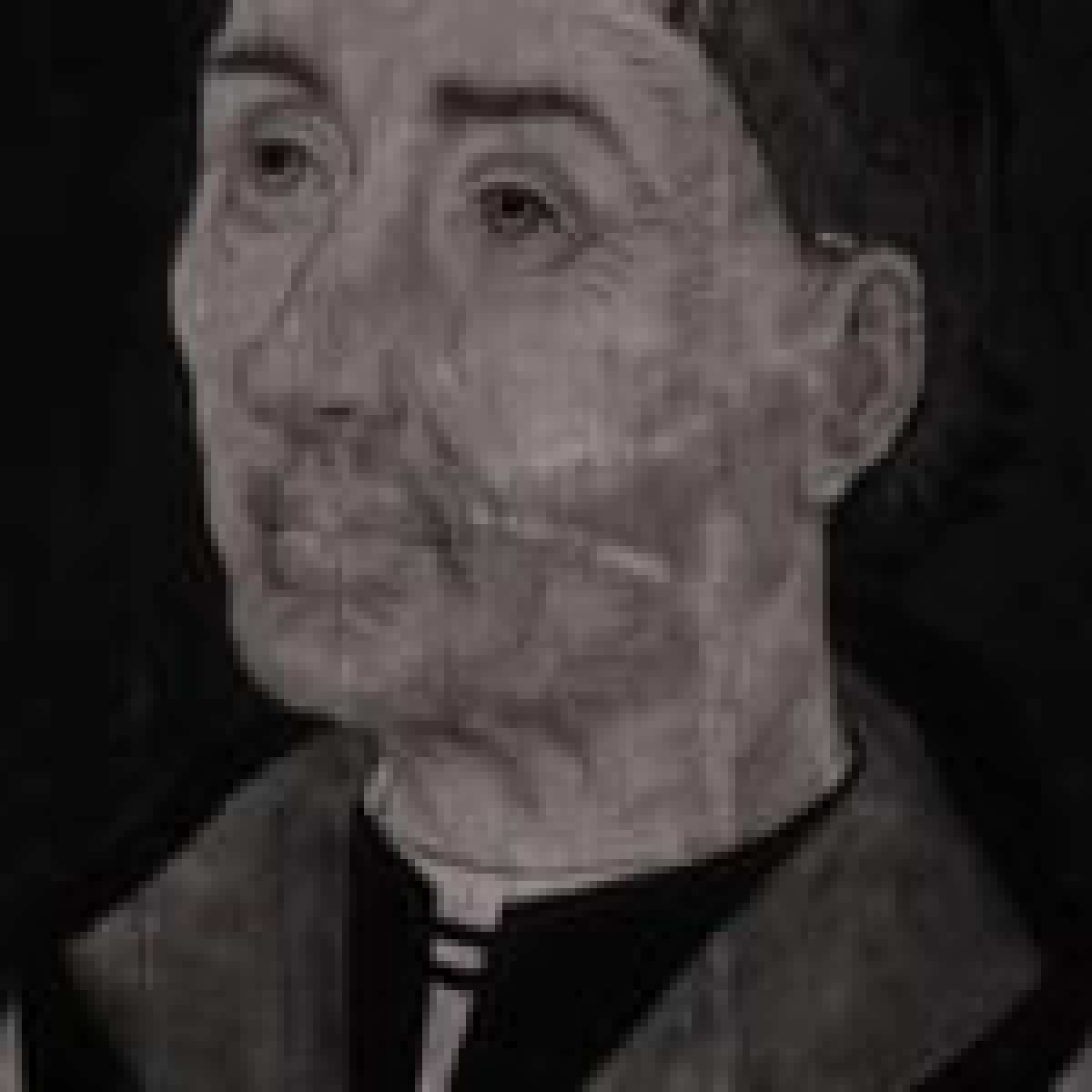 Old black and white painting of a man looking up.